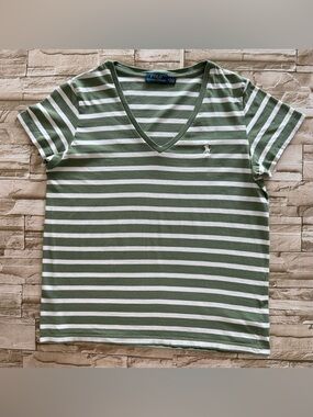 Polo Ralph Lauren Women’s Sage Green & White Striped V-Neck Tee Sz Medium
